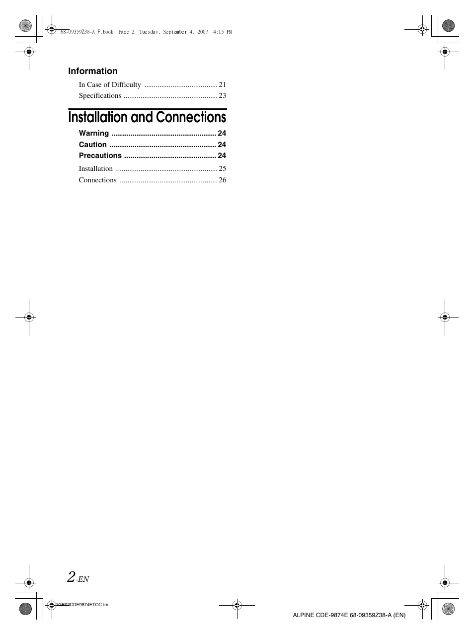 Installation and connections | Alpine CDE-9874E User Manual | Page 4 / 60