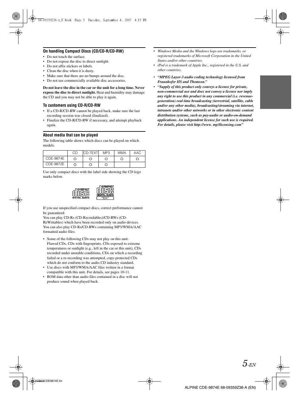 Alpine CDE-9874E User Manual | Page 7 / 60