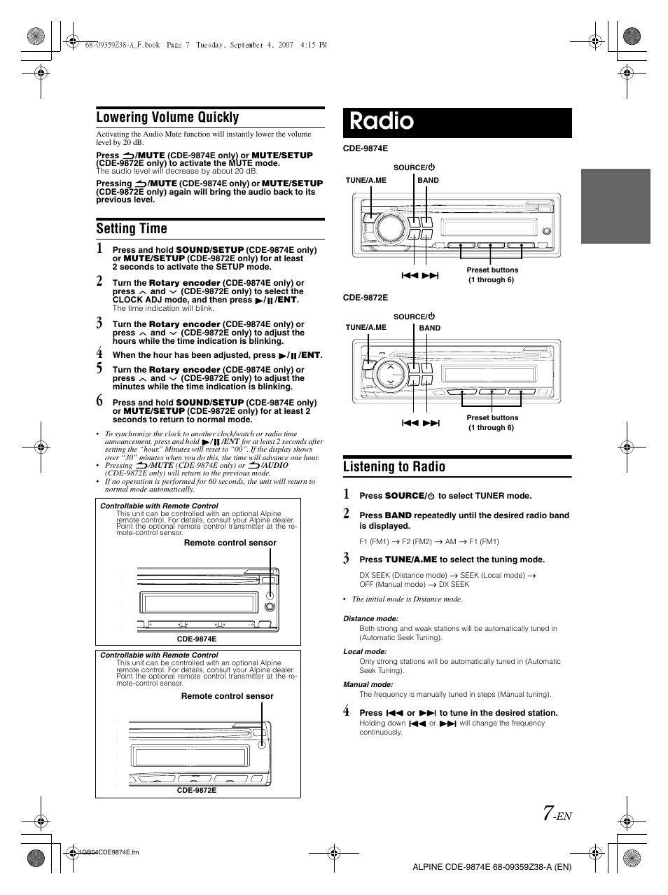 Radio, Lowering volume quickly, Setting time | Listening to radio | Alpine CDE-9874E User Manual | Page 9 / 60