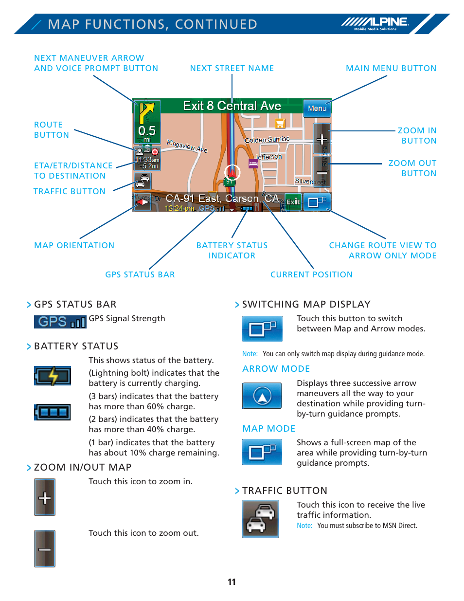 Map functions, continued | Alpine PND-K3-MSN User Manual | Page 11 / 40