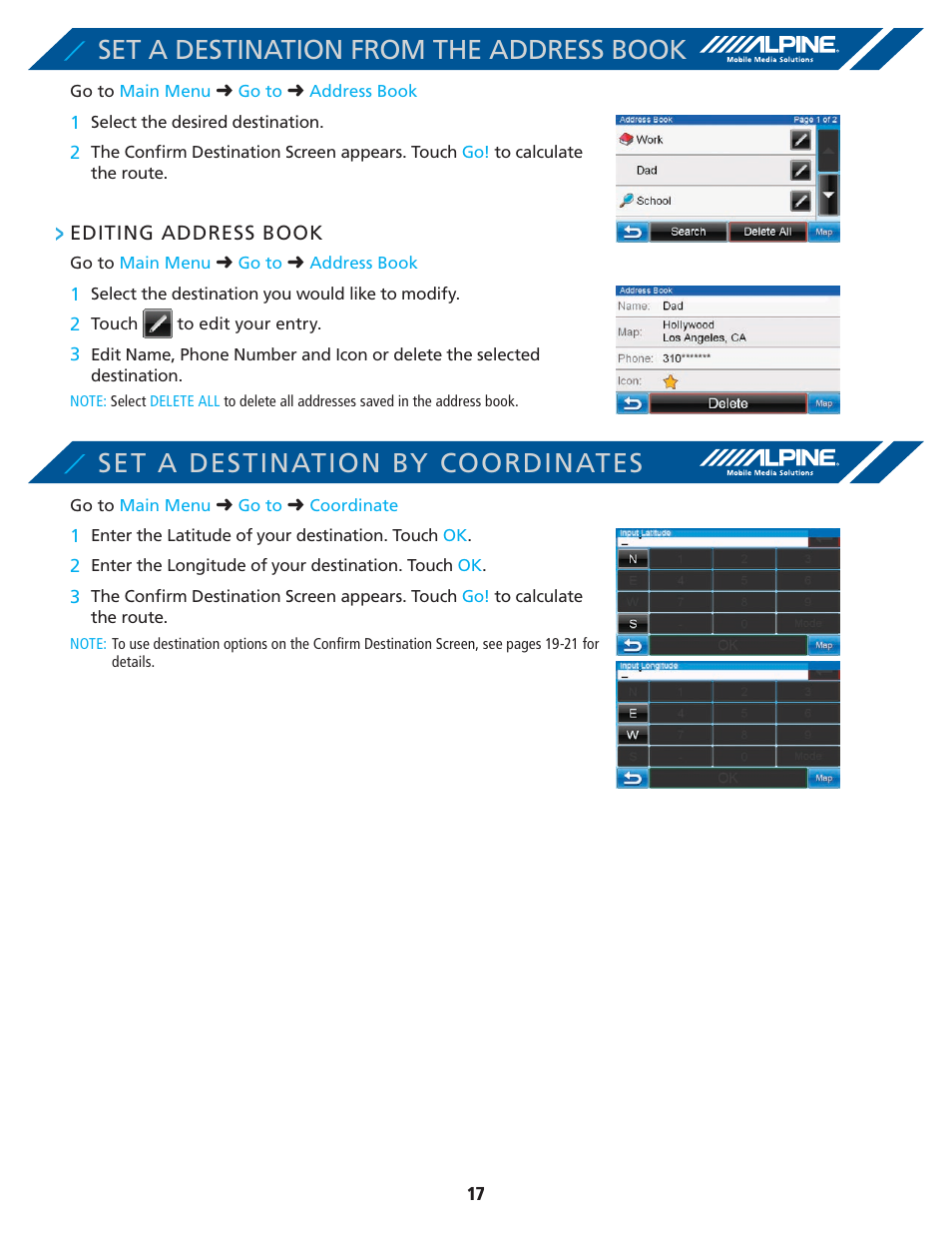 Set a destination from the address book, Set a destination by coordinates | Alpine PND-K3-MSN User Manual | Page 17 / 40