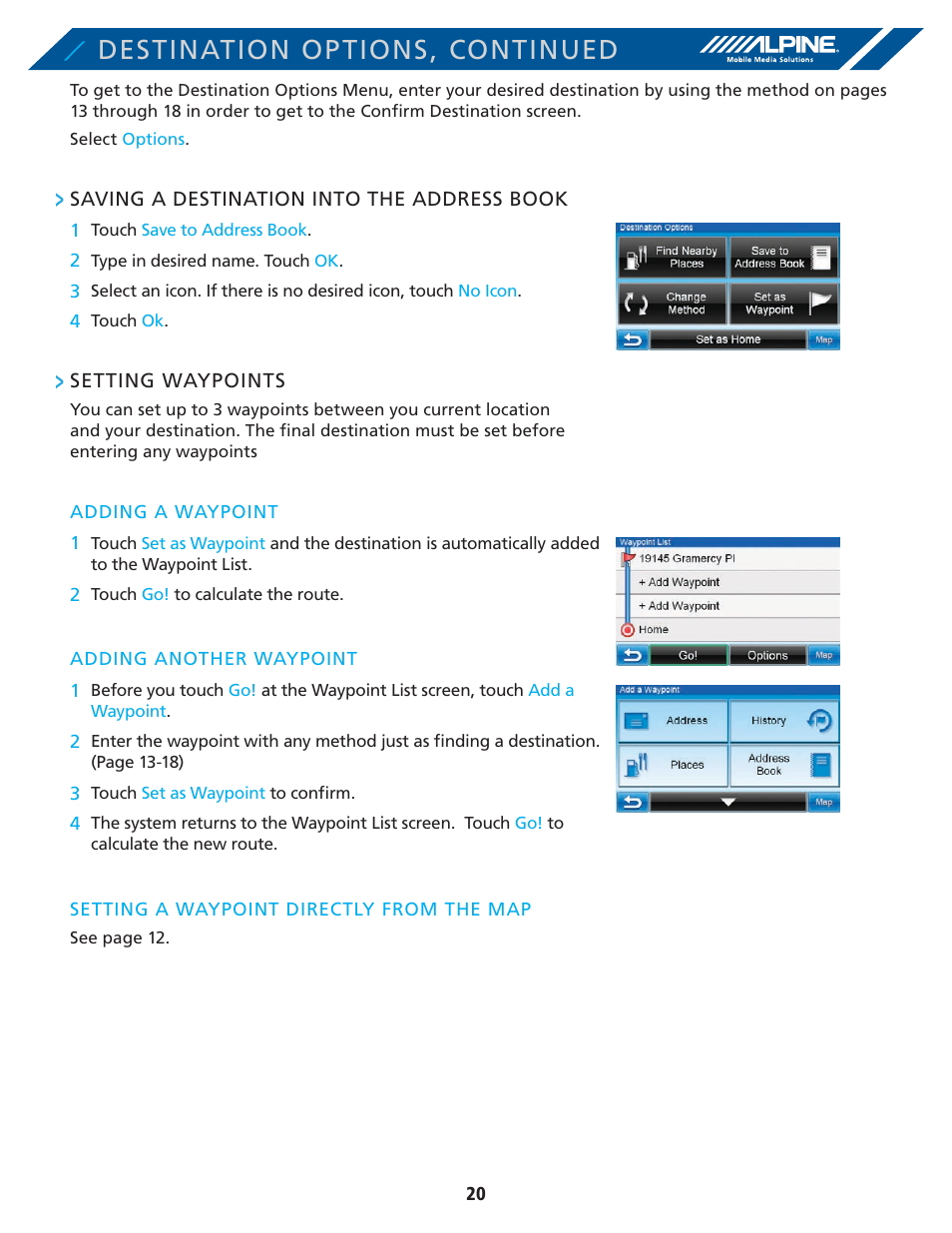 Destination options, continued | Alpine PND-K3-MSN User Manual | Page 20 / 40