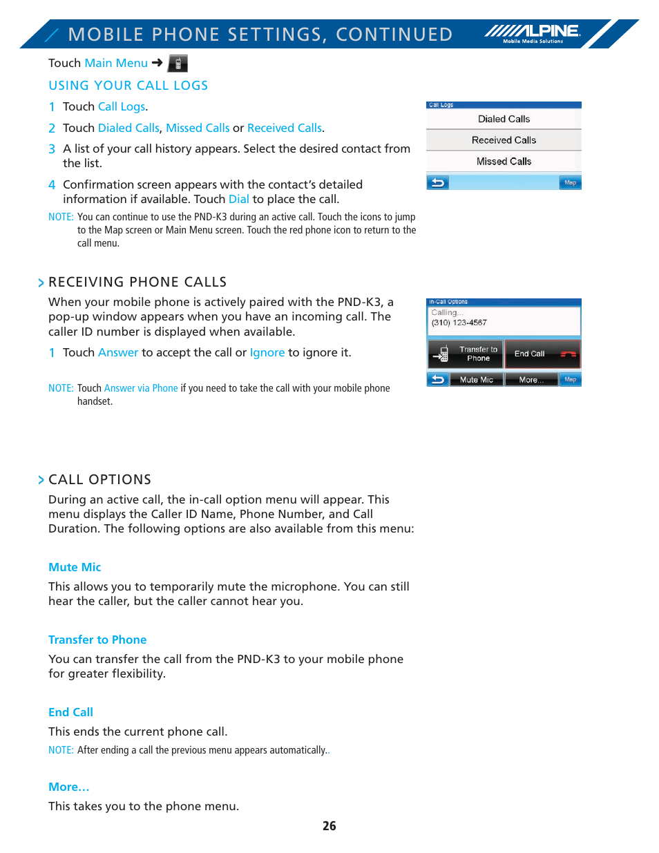 Mobile phone settings, continued | Alpine PND-K3-MSN User Manual | Page 26 / 40