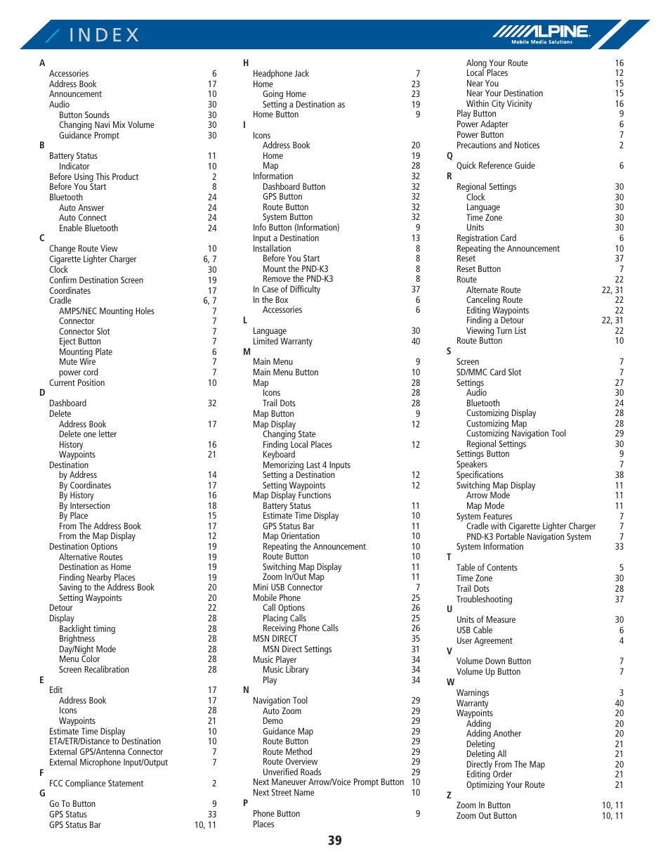 Alpine PND-K3-MSN User Manual | Page 39 / 40