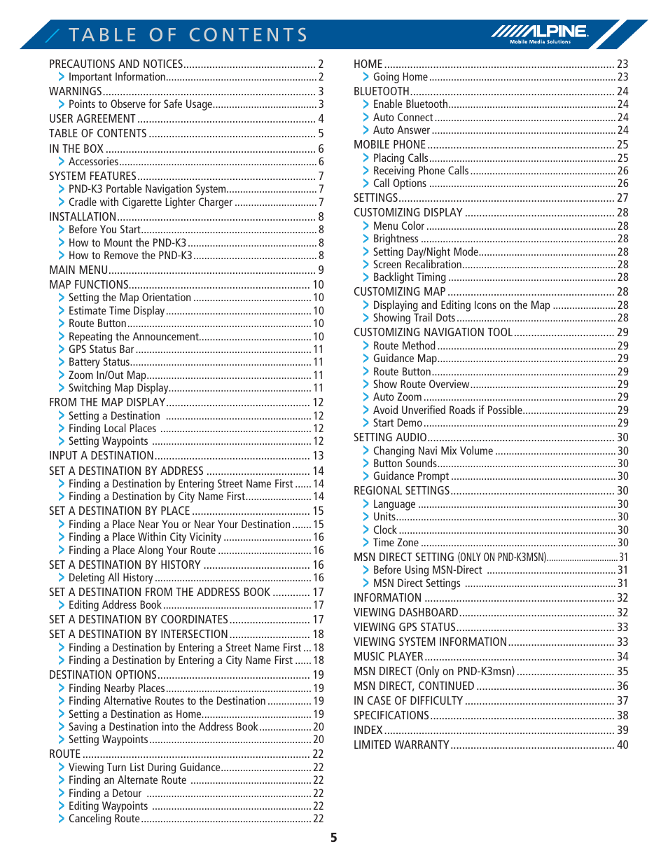 Alpine PND-K3-MSN User Manual | Page 5 / 40