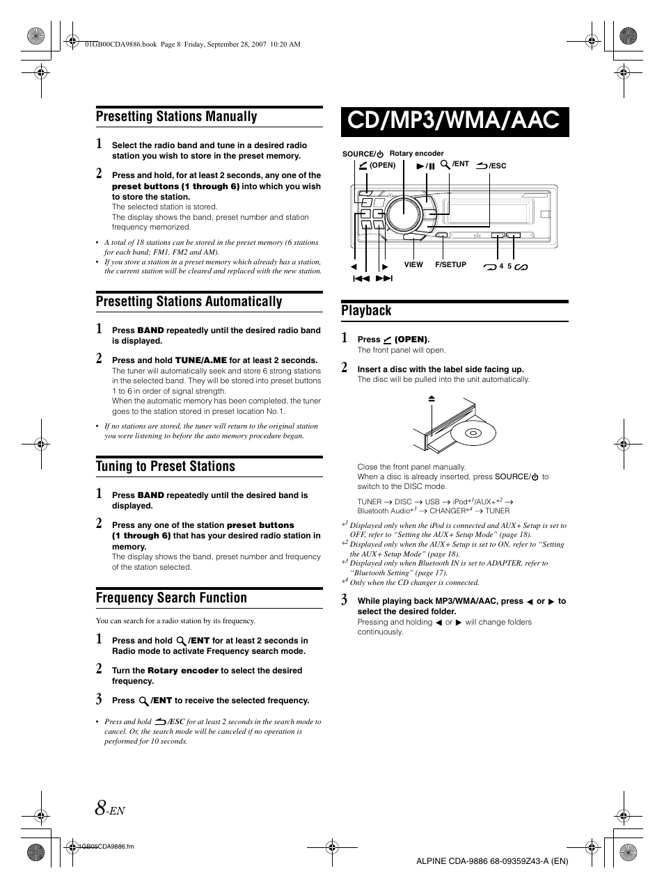 Cd/mp3/wma/aac, Presetting stations manually, Presetting stations automatically | Tuning to preset stations, Frequency search function, Playback | Alpine cda-9886 User Manual | Page 10 / 88