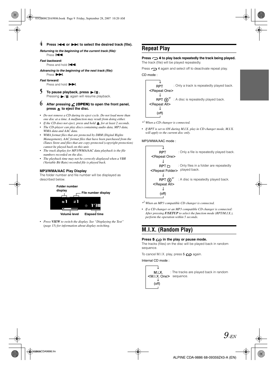 Repeat play, M.i.x. (random play) | Alpine cda-9886 User Manual | Page 11 / 88