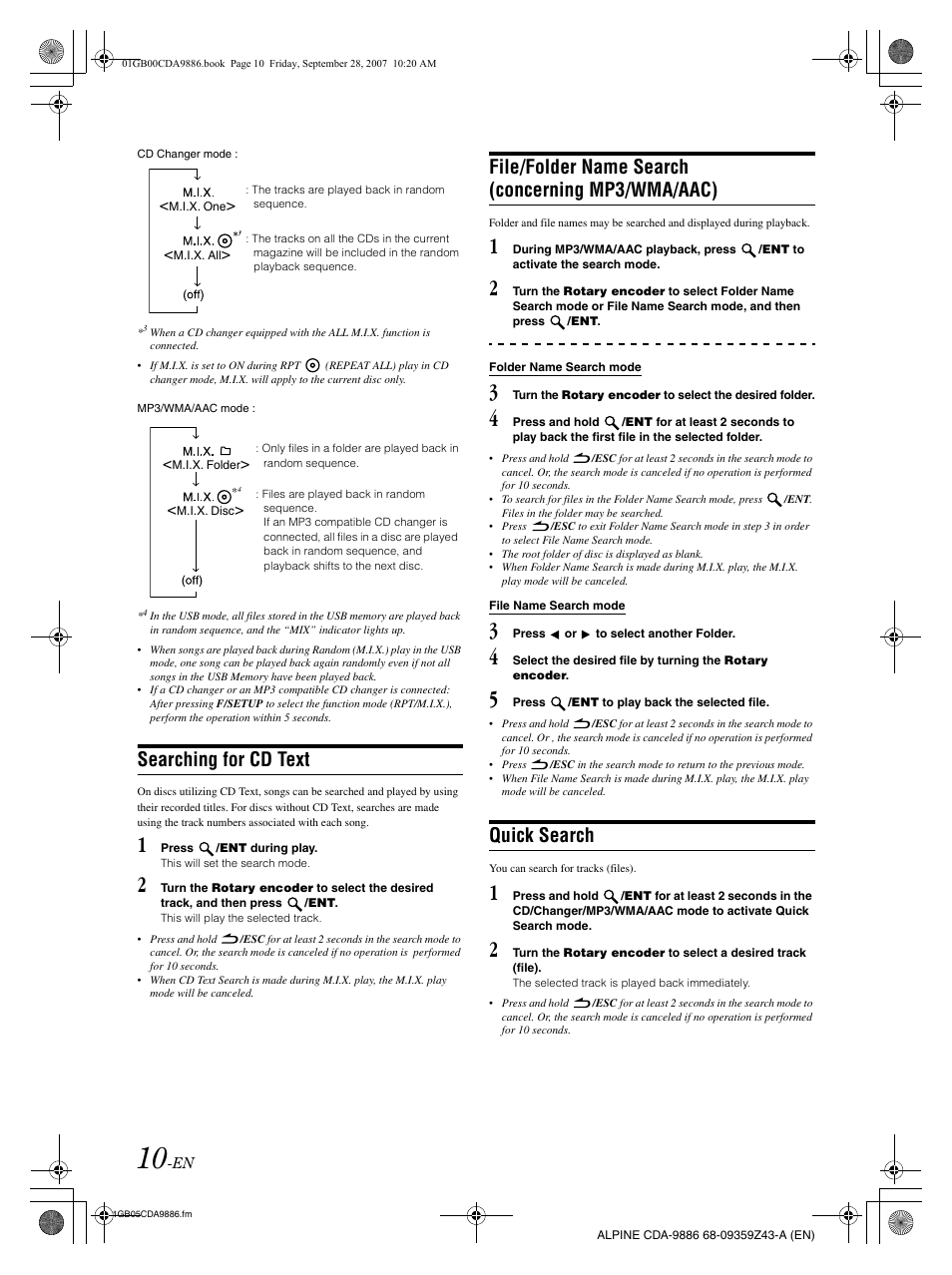 Searching for cd text, File/folder name search (concerning mp3/wma/aac), Quick search | Alpine cda-9886 User Manual | Page 12 / 88