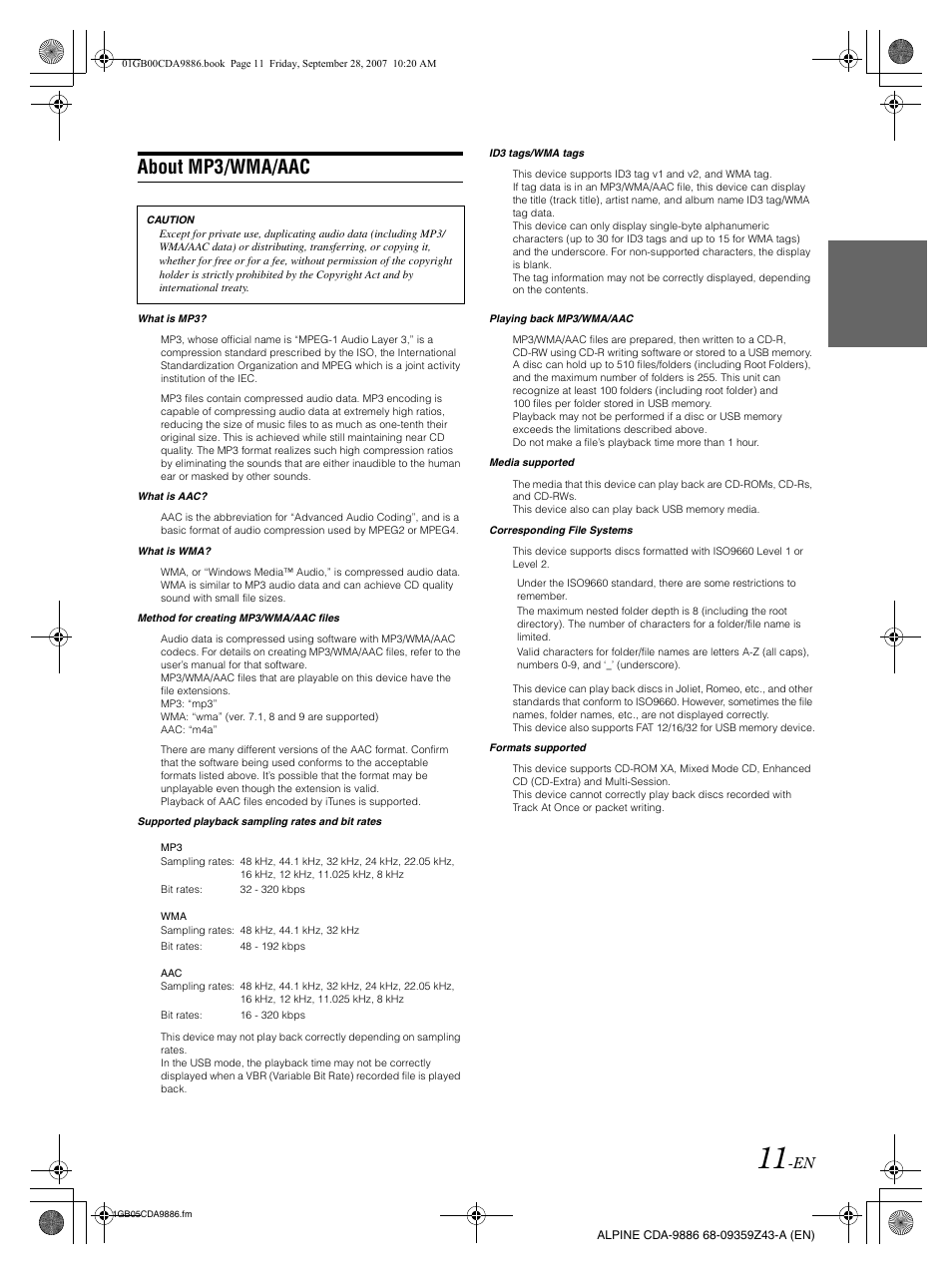 About mp3/wma/aac | Alpine cda-9886 User Manual | Page 13 / 88