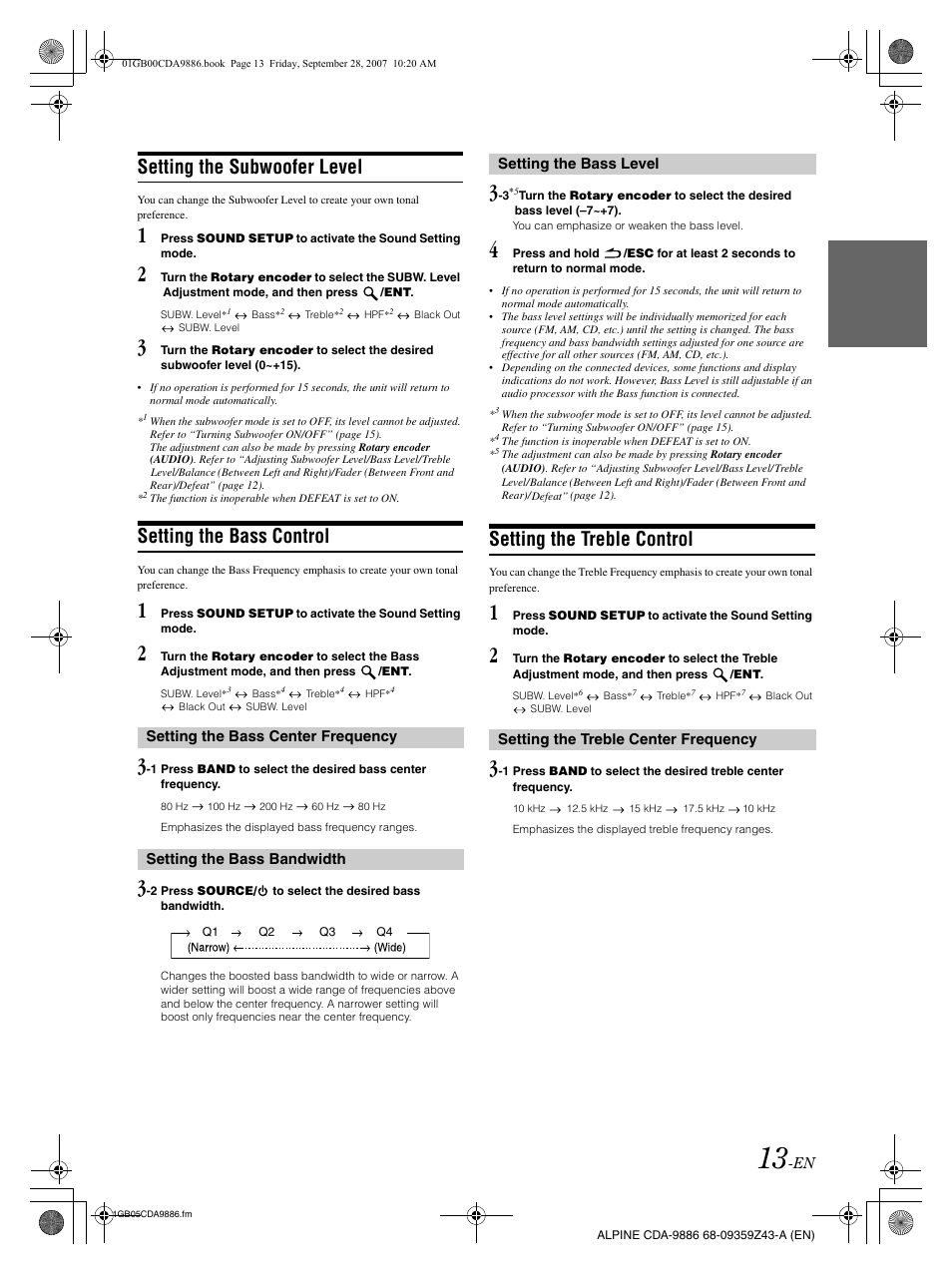 Setting the subwoofer level, Setting the bass control, Setting the treble control | Alpine cda-9886 User Manual | Page 15 / 88