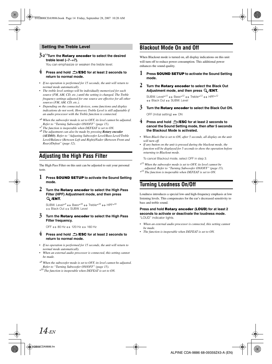 Adjusting the high pass filter, Blackout mode on and off, Turning loudness on/off | Alpine cda-9886 User Manual | Page 16 / 88