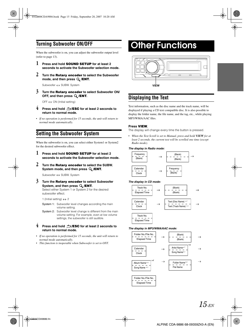 Other functions, Turning subwoofer on/off, Setting the subwoofer system | Displaying the text | Alpine cda-9886 User Manual | Page 17 / 88