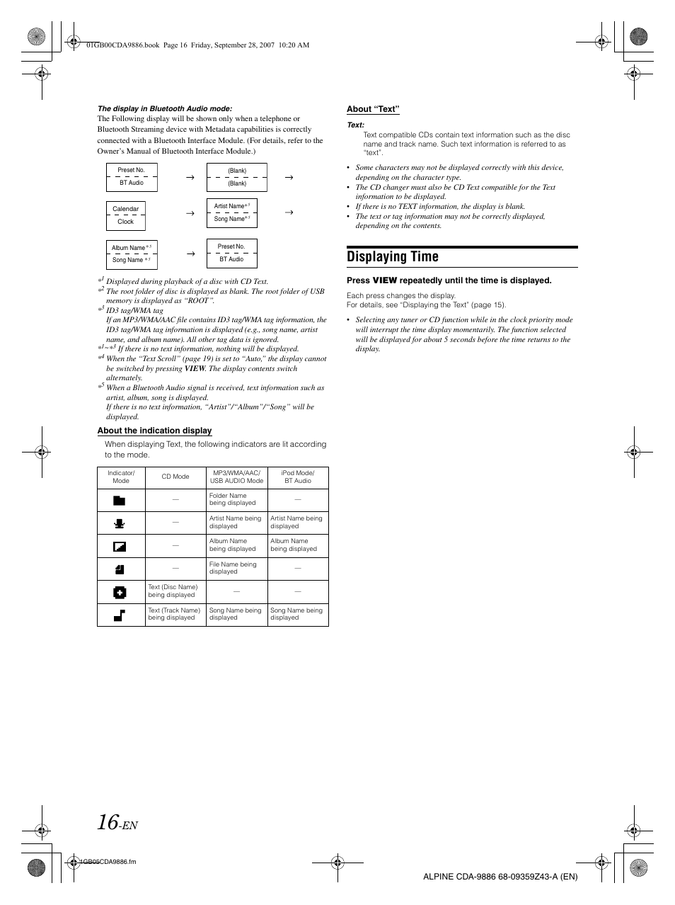 Displaying time | Alpine cda-9886 User Manual | Page 18 / 88
