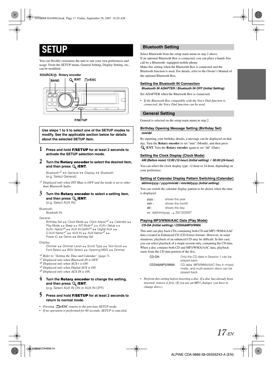 Setup, Bluetooth setting, General setting | Alpine cda-9886 User Manual | Page 19 / 88