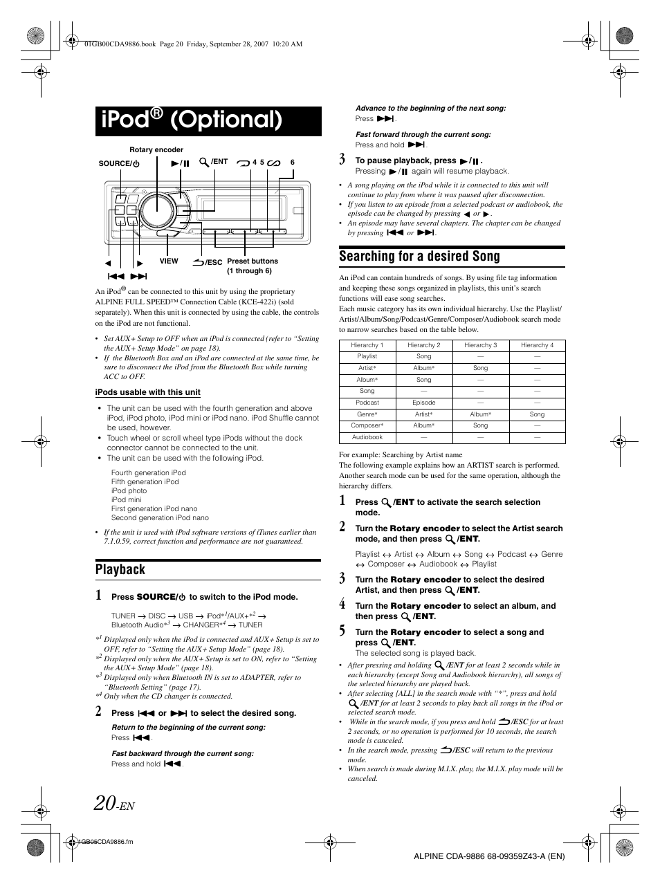 Ipod, Optional), Playback | Searching for a desired song | Alpine cda-9886 User Manual | Page 22 / 88