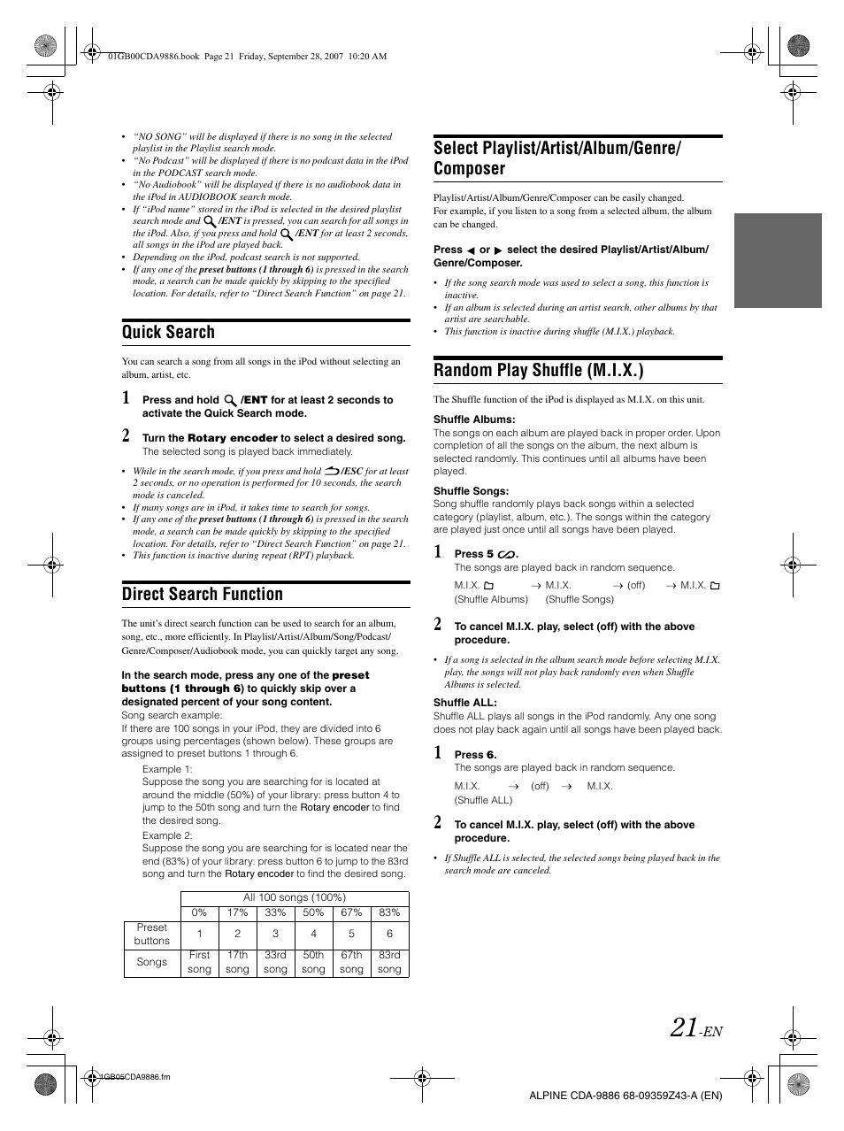 Quick search, Direct search function, Select playlist/artist/album/genre/ composer | Random play shuffle (m.i.x.) | Alpine cda-9886 User Manual | Page 23 / 88