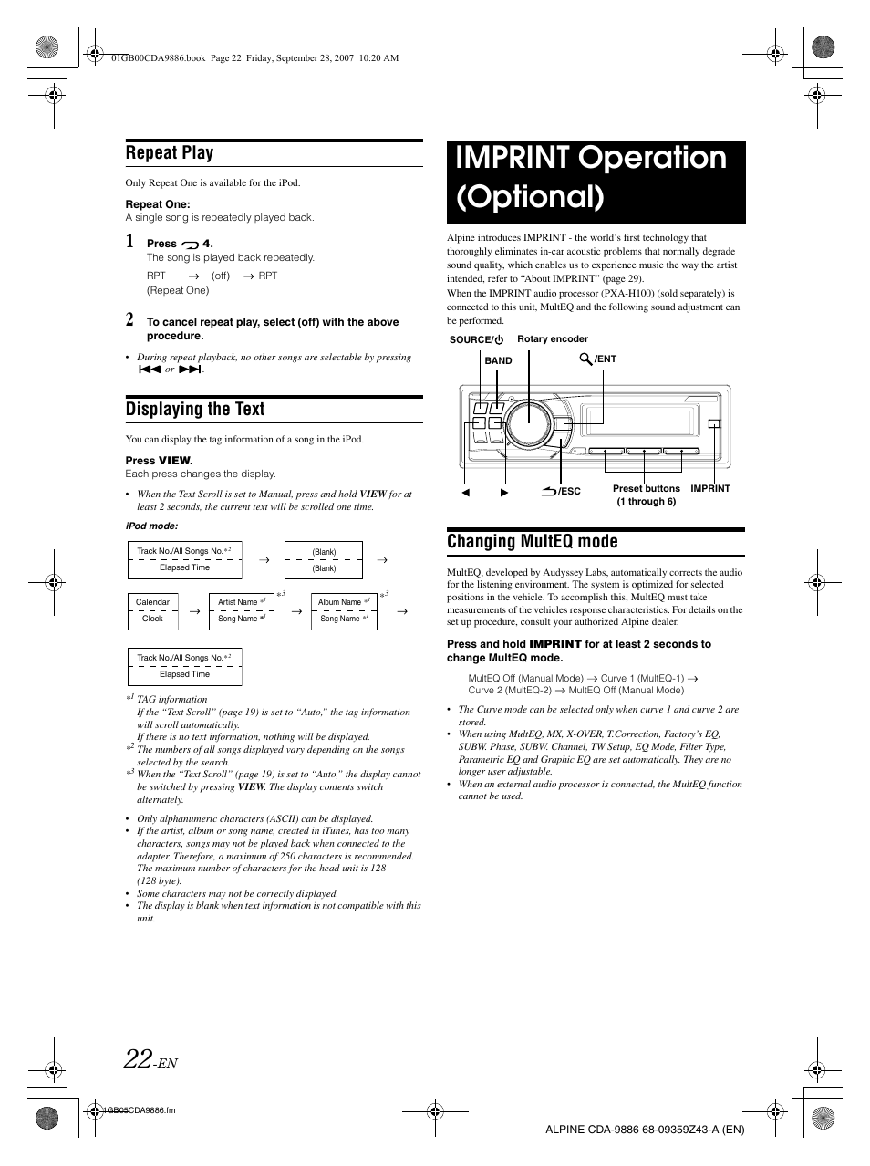 Imprint operation (optional), Repeat play, Displaying the text | Changing multeq mode | Alpine cda-9886 User Manual | Page 24 / 88