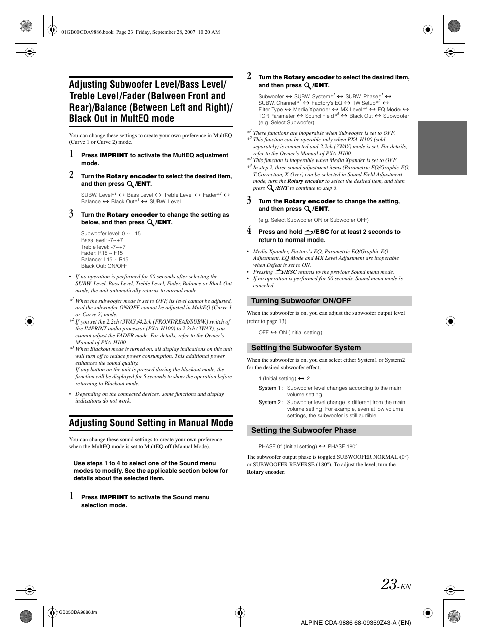 Adjusting sound setting in manual mode, Setting the subwoofer phase | Alpine cda-9886 User Manual | Page 25 / 88