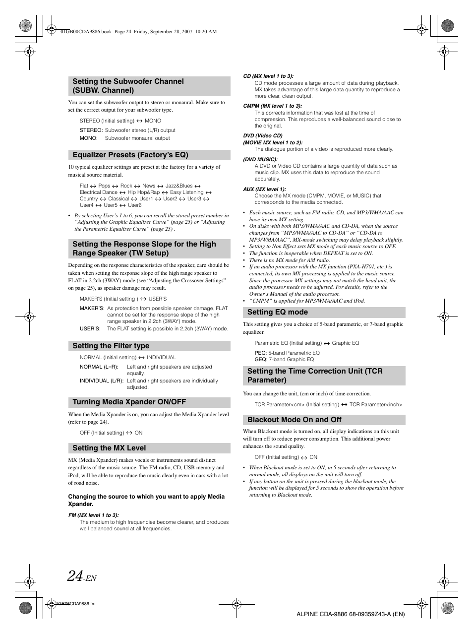 Setting the subwoofer channel (subw. channel), Setting the filter type | Alpine cda-9886 User Manual | Page 26 / 88