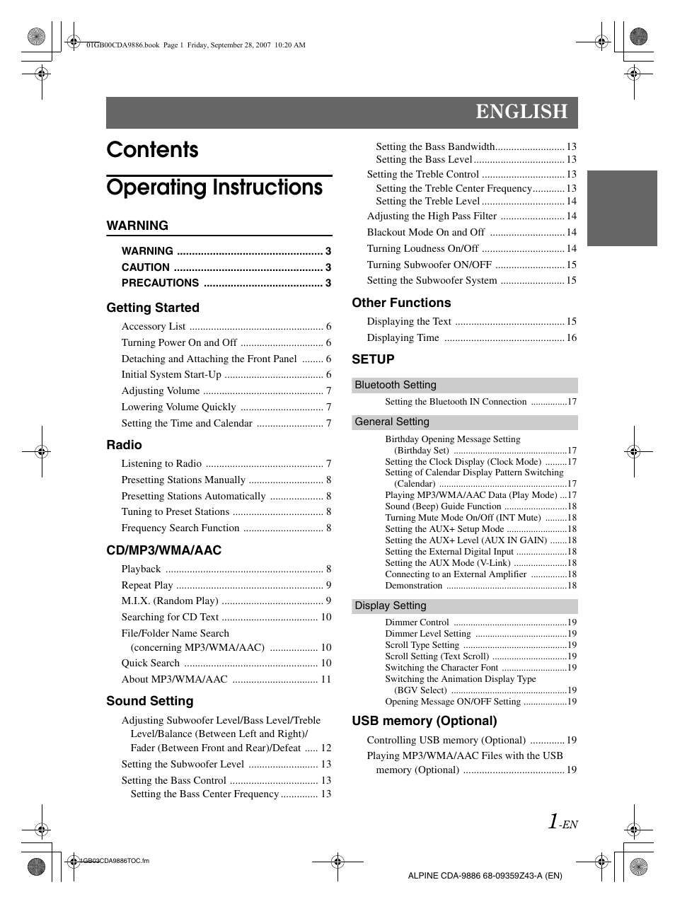 Contents operating instructions, English | Alpine cda-9886 User Manual | Page 3 / 88