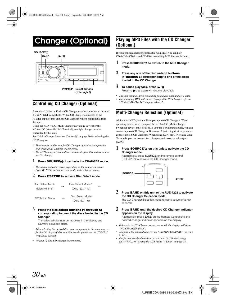 Changer (optional), Controlling cd changer (optional), Playing mp3 files with the cd changer (optional) | Multi-changer selection (optional) | Alpine cda-9886 User Manual | Page 32 / 88