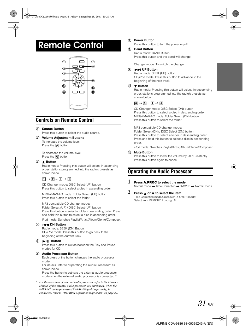 Remote control, Controls on remote control, Operating the audio processor | Alpine cda-9886 User Manual | Page 33 / 88