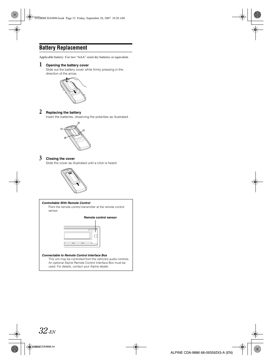 Battery replacement | Alpine cda-9886 User Manual | Page 34 / 88