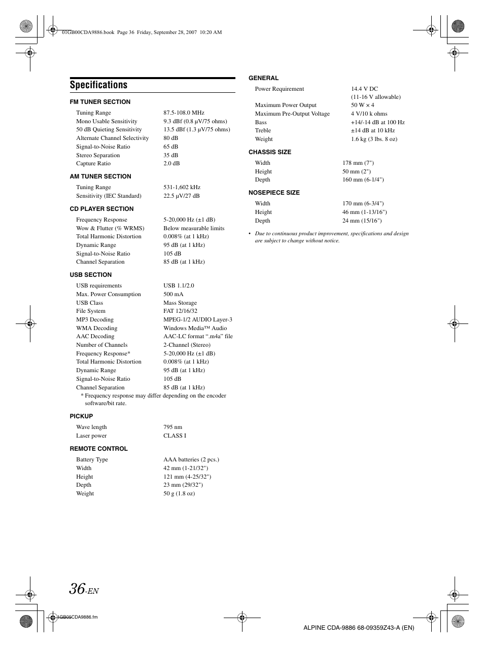 Specifications | Alpine cda-9886 User Manual | Page 38 / 88