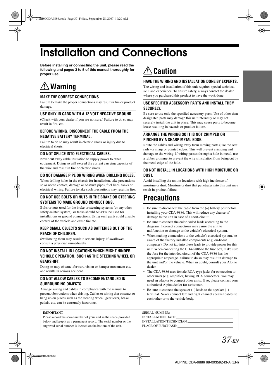 Installation and connections, Warning, Caution | Precautions | Alpine cda-9886 User Manual | Page 39 / 88