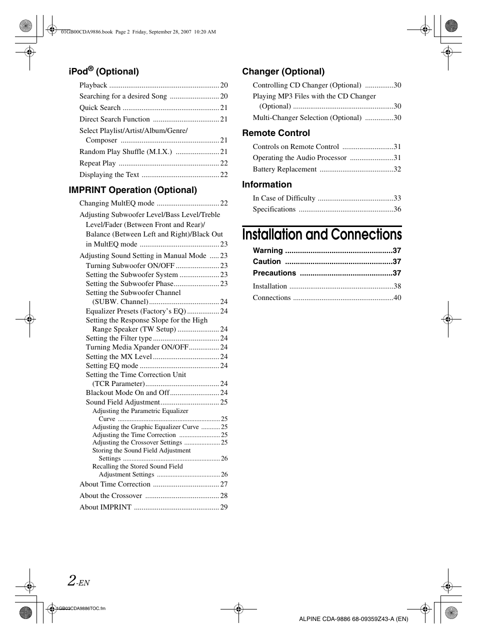 Installation and connections | Alpine cda-9886 User Manual | Page 4 / 88
