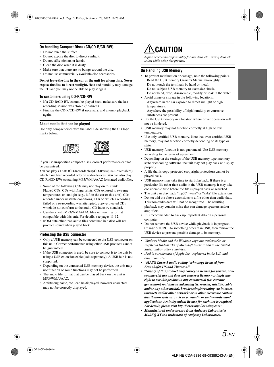 Caution | Alpine cda-9886 User Manual | Page 7 / 88