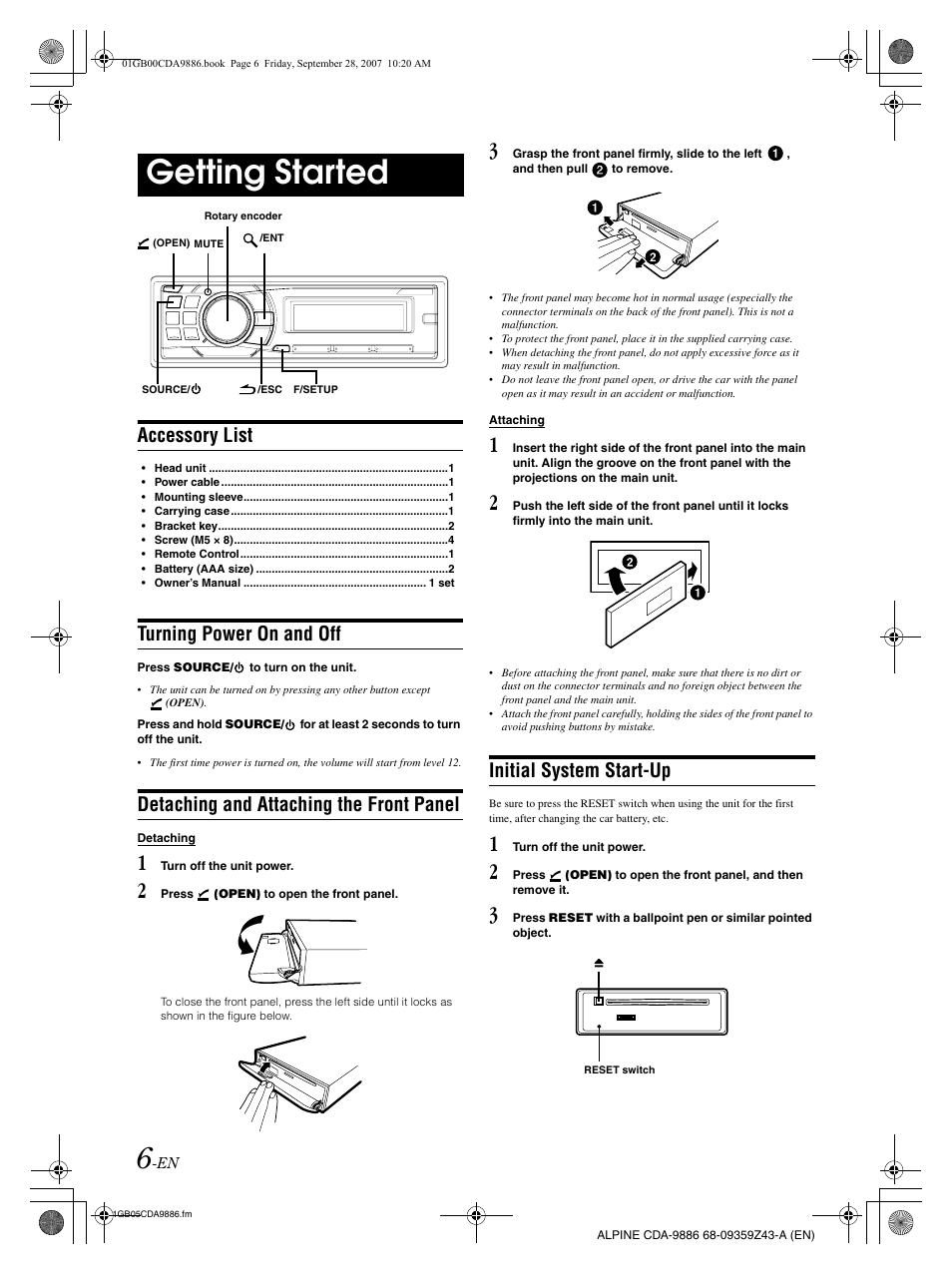 Getting started, Accessory list, Turning power on and off | Detaching and attaching the front panel, Initial system start-up | Alpine cda-9886 User Manual | Page 8 / 88