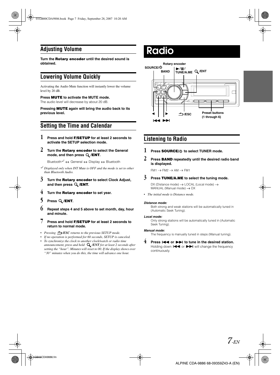 Radio, Adjusting volume, Lowering volume quickly | Setting the time and calendar, Listening to radio | Alpine cda-9886 User Manual | Page 9 / 88