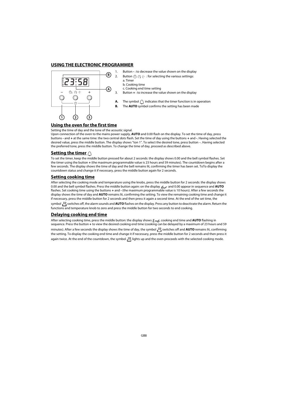 Setting the timer, Setting cooking time, Delaying cooking end time | Whirlpool AKP 461 WH User Manual | Page 10 / 78