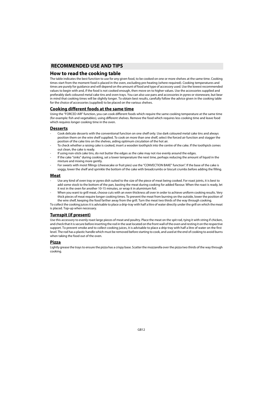How to read the cooking table, Recommended use and tips | Whirlpool AKP 461 WH User Manual | Page 14 / 78