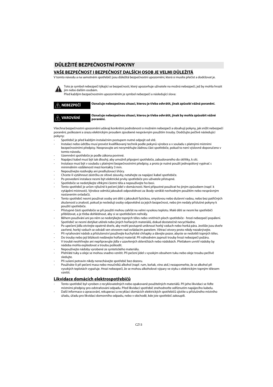 Důležité bezpečnostní pokyny, Likvidace domácích elektrospotřebičů | Whirlpool AKP 461 WH User Manual | Page 15 / 78