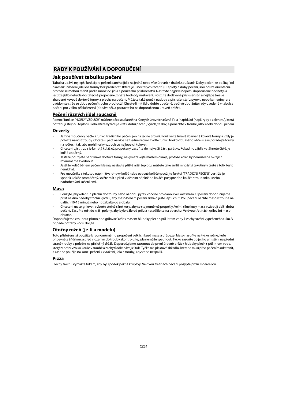 Jak používat tabulku pečení, Rady k používání a doporučení | Whirlpool AKP 461 WH User Manual | Page 26 / 78