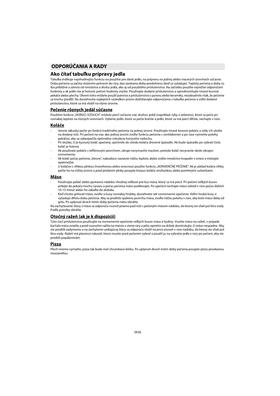 Ako čítať tabuľku prípravy jedla, Odporúčania a rady | Whirlpool AKP 461 WH User Manual | Page 38 / 78