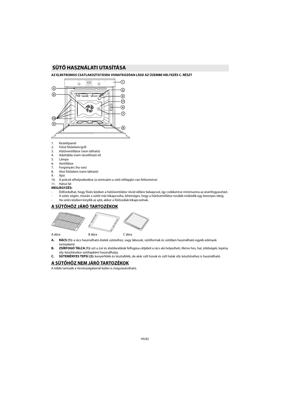 Sütő használati utasítása, A sütőhöz járó tartozékok, A sütőhöz nem járó tartozékok | Whirlpool AKP 461 WH User Manual | Page 44 / 78