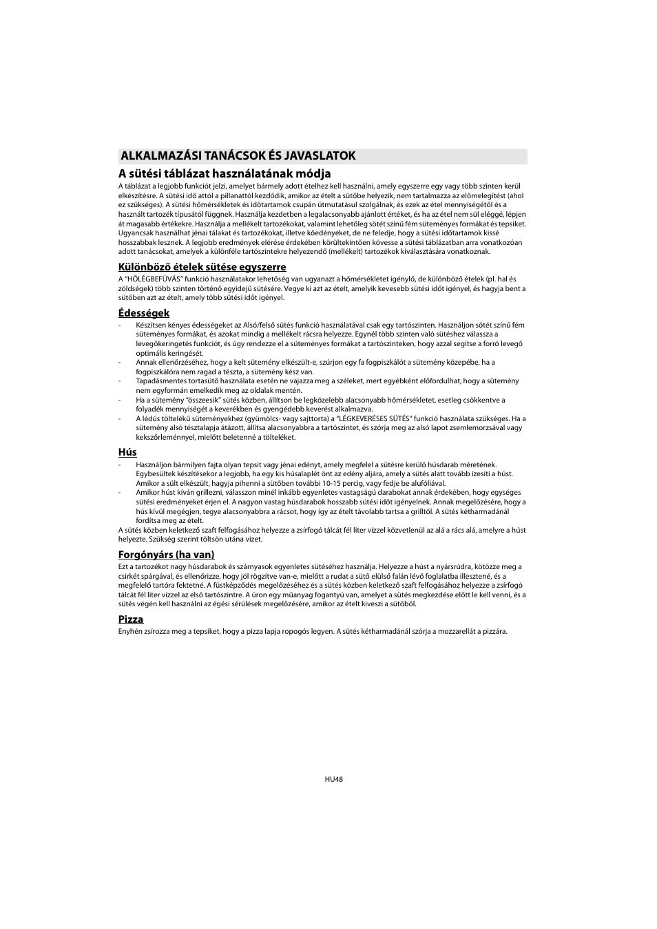 A sütési táblázat használatának módja, Alkalmazási tanácsok és javaslatok | Whirlpool AKP 461 WH User Manual | Page 50 / 78