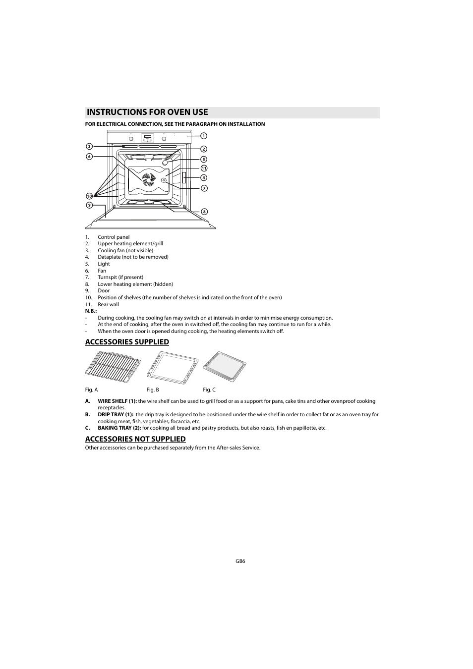 Instructions for oven use, Accessories supplied, Accessories not supplied | Whirlpool AKP 461 WH User Manual | Page 8 / 78