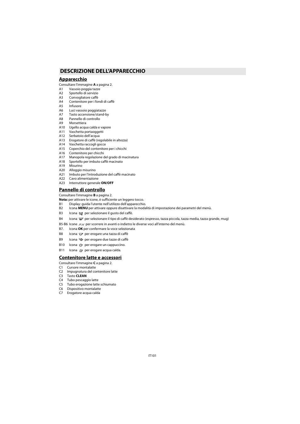 Descrizione dell’apparecchio, Apparecchio, Pannello di controllo | Contenitore latte e accessori | Whirlpool ACE 102 IX User Manual | Page 103 / 298