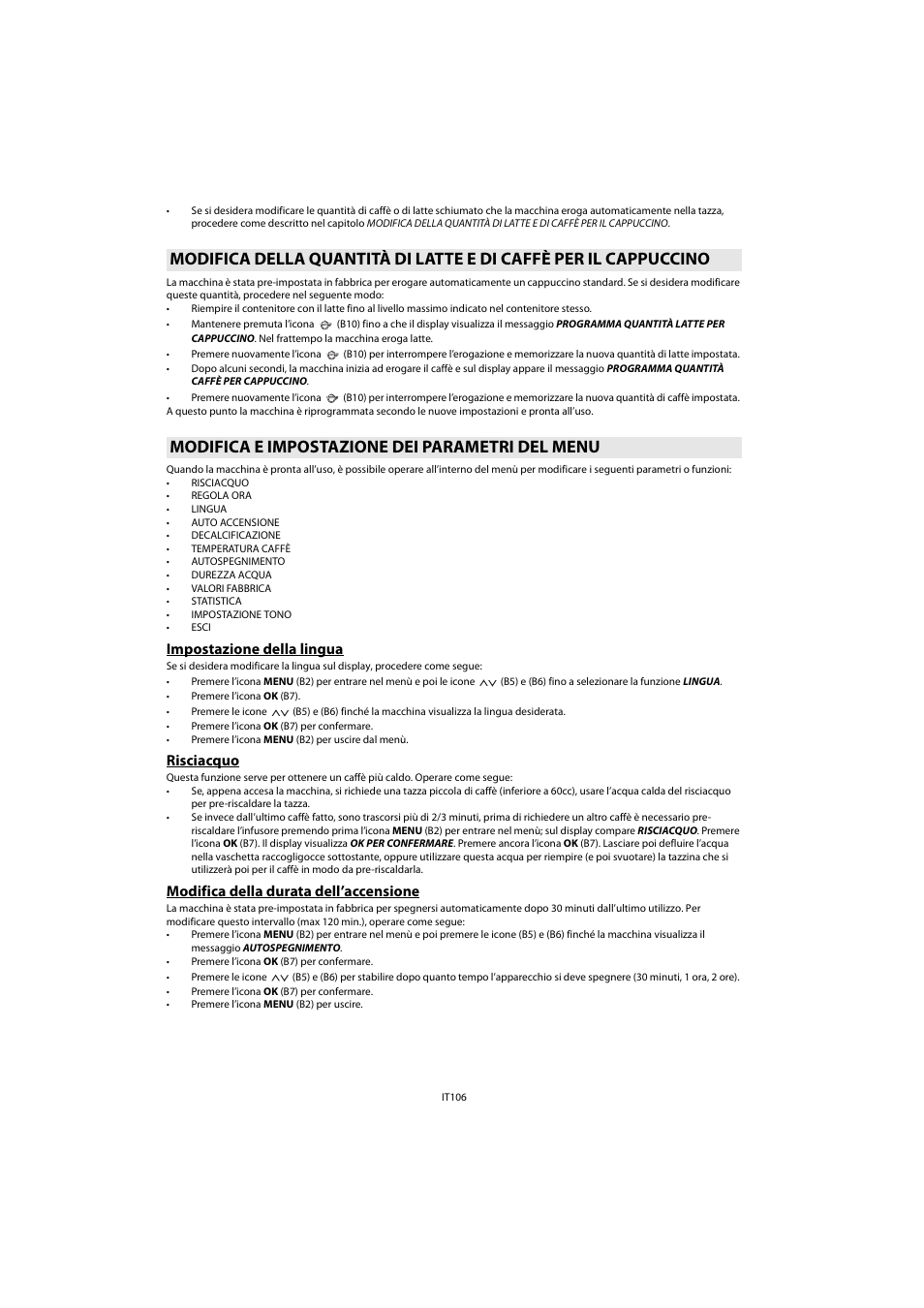 Modifica e impostazione dei parametri del menu, Impostazione della lingua, Risciacquo | Modifica della durata dell’accensione | Whirlpool ACE 102 IX User Manual | Page 108 / 298