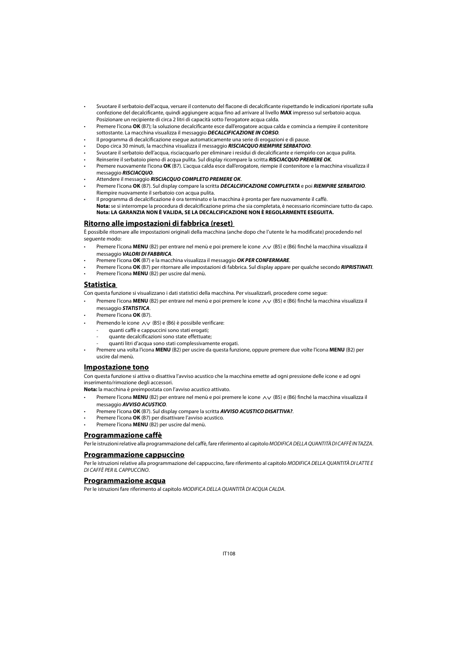 Ritorno alle impostazioni di fabbrica (reset), Statistica, Impostazione tono | Programmazione caffè, Programmazione cappuccino, Programmazione acqua | Whirlpool ACE 102 IX User Manual | Page 110 / 298