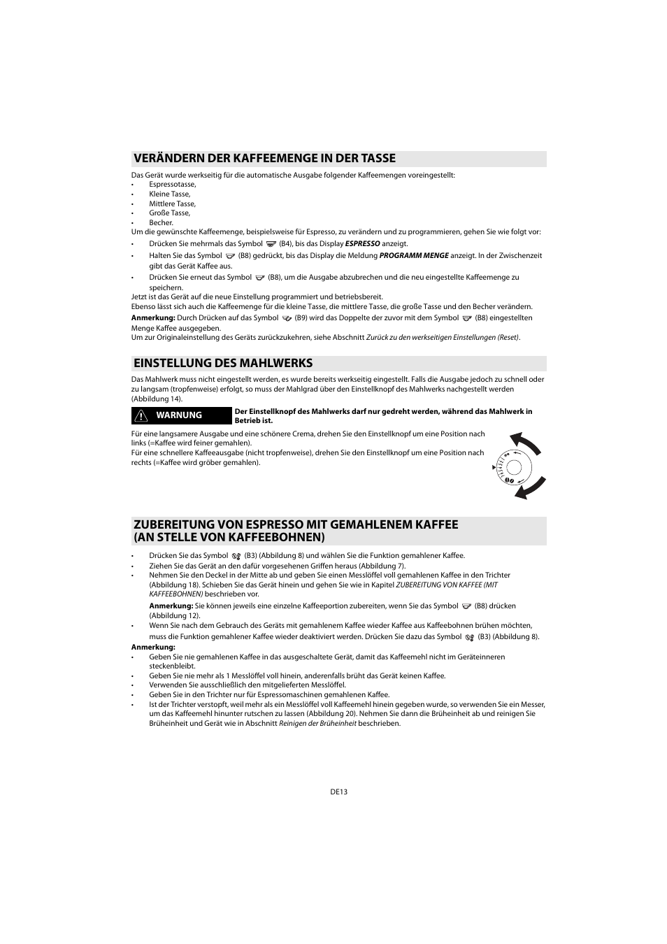 Verändern der kaffeemenge in der tasse, Einstellung des mahlwerks | Whirlpool ACE 102 IX User Manual | Page 15 / 298