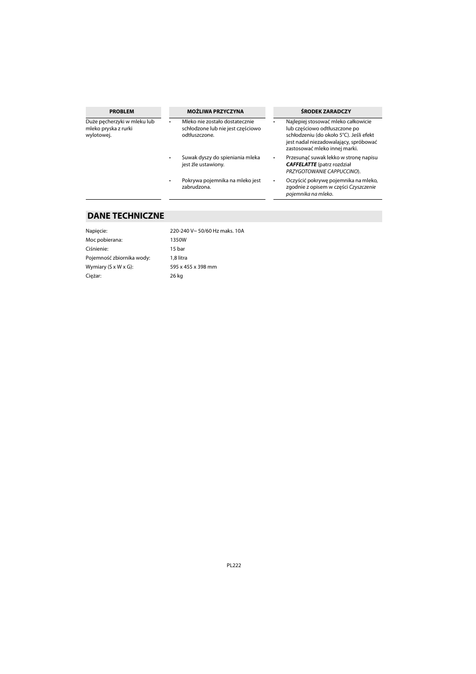 Dane techniczne | Whirlpool ACE 102 IX User Manual | Page 224 / 298