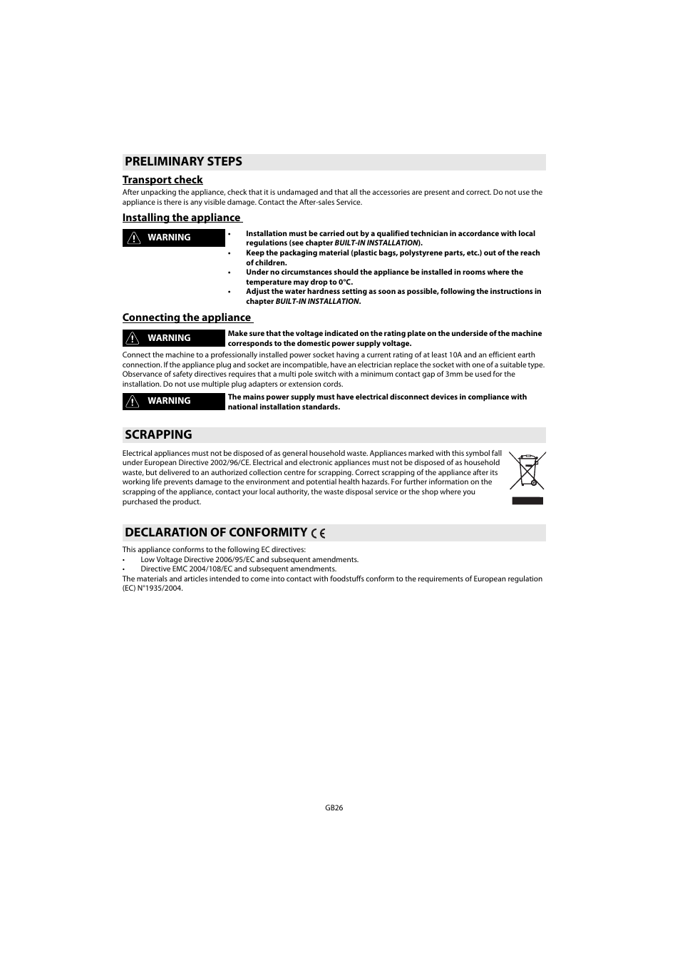 Preliminary steps, Transport check, Installing the appliance | Connecting the appliance, Scrapping, Declaration of conformity, Scrapping declaration of conformity | Whirlpool ACE 102 IX User Manual | Page 28 / 298