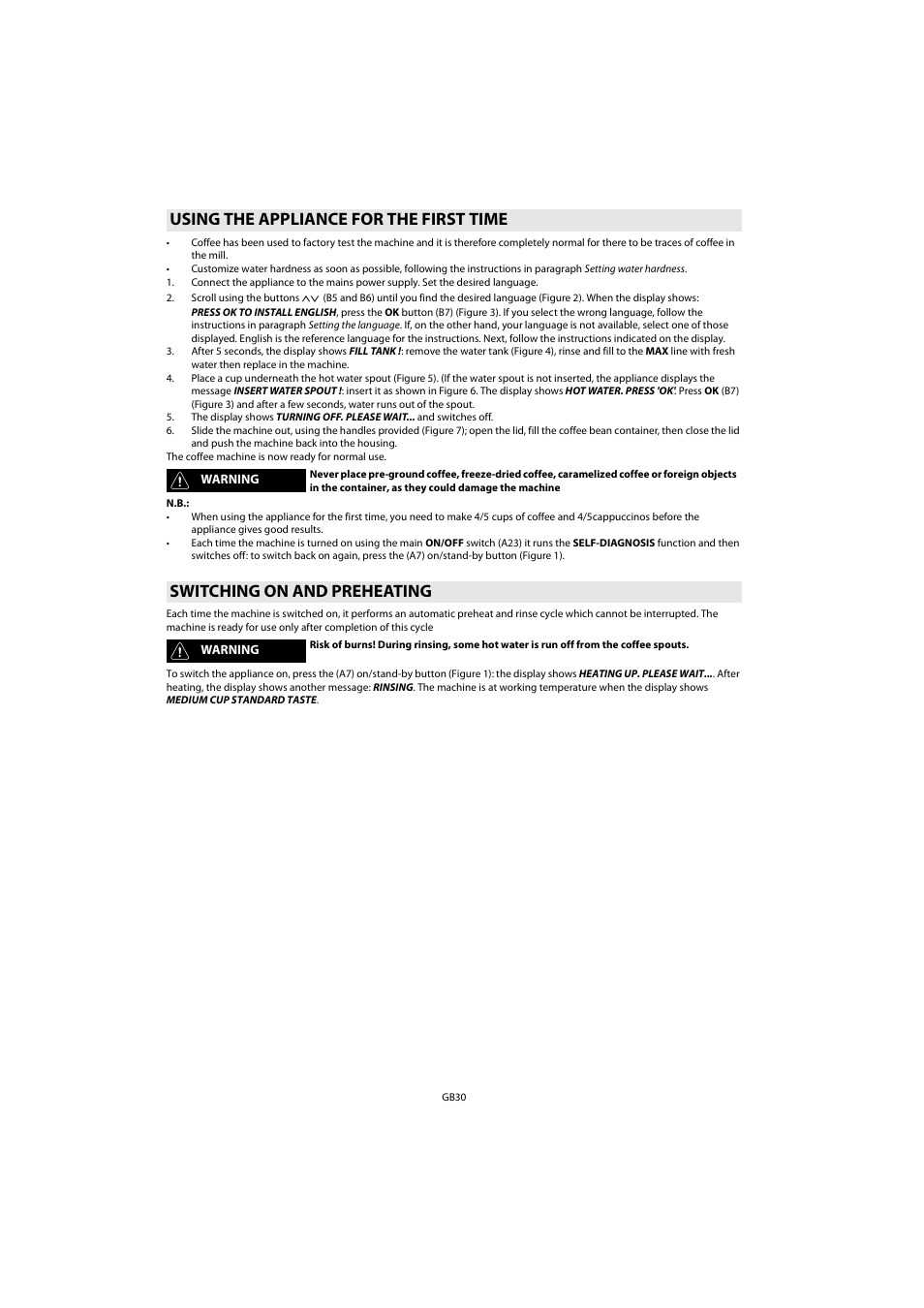 Using the appliance for the first time, Switching on and preheating | Whirlpool ACE 102 IX User Manual | Page 32 / 298