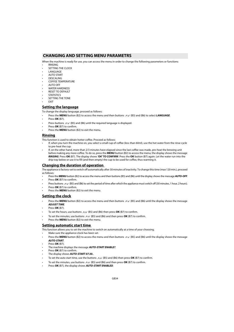 Changing and setting menu parametrs, Setting the language, Rinsing | Changing the duration of operation, Setting the clock, Setting automatic start time, Changing and setting menu parametrs , fu | Whirlpool ACE 102 IX User Manual | Page 36 / 298