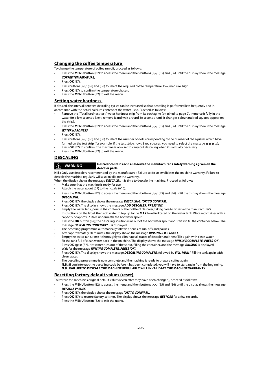 Changing the coffee temperature, Setting water hardness, Descaling | Resetting factory default values (reset) | Whirlpool ACE 102 IX User Manual | Page 37 / 298